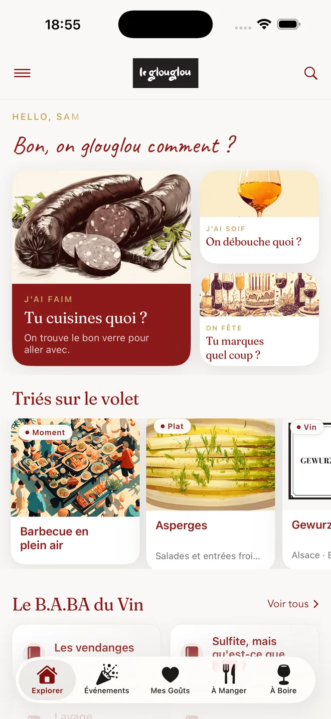 L'écran d'accueil de l'app Le GlouGlou