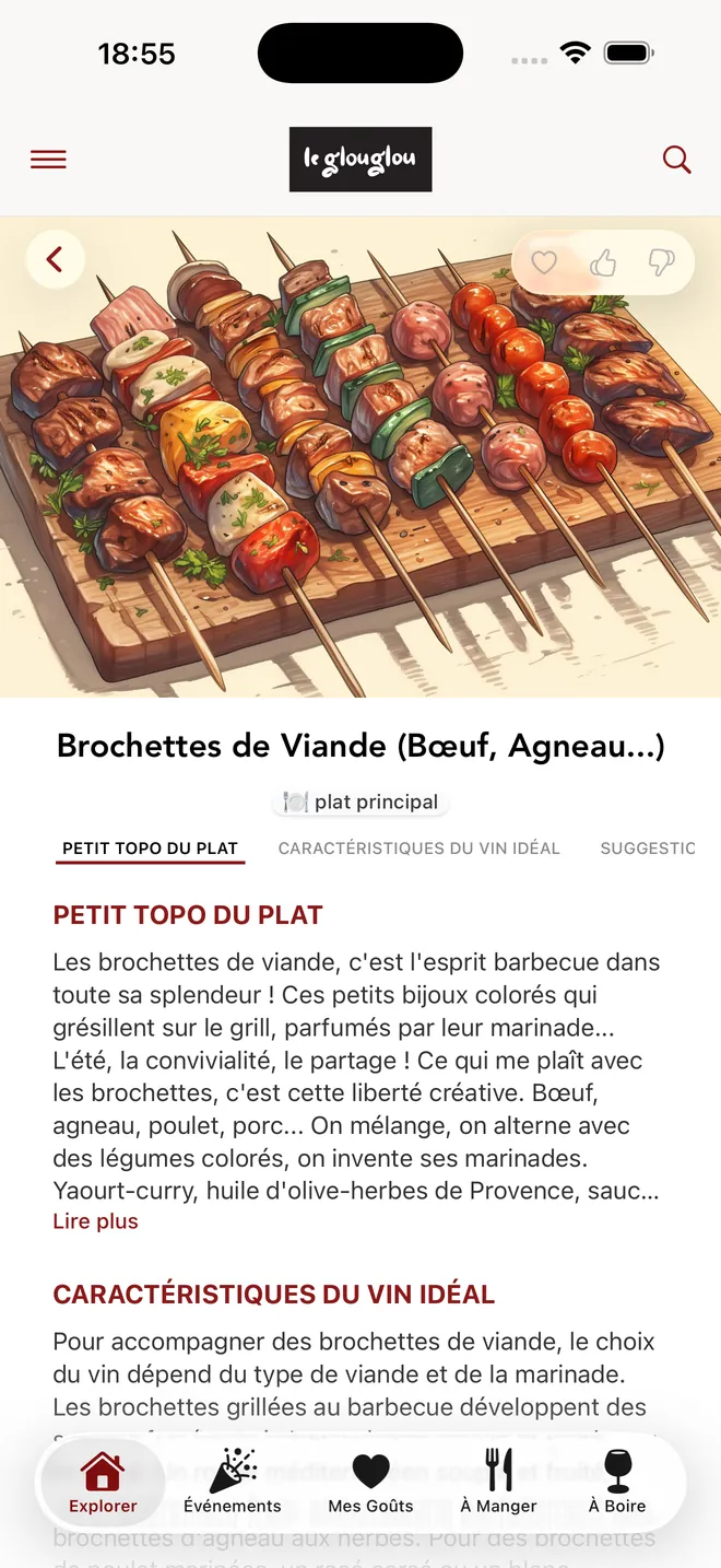La fiche d'un plat dans Le GlouGlou, avec le vin idéal